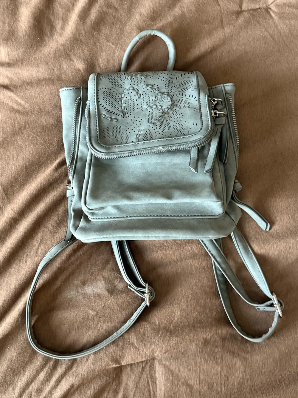 Full Tilt Sage Green Mini Backpack with Floral Laser-Cut Flap